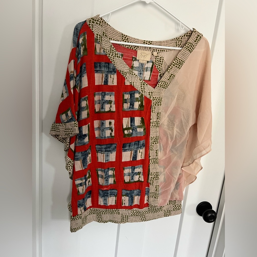 Anthropologie Vanessa Virginia: Mixed Print Asymmetric Top in Red & Tan: Size L
